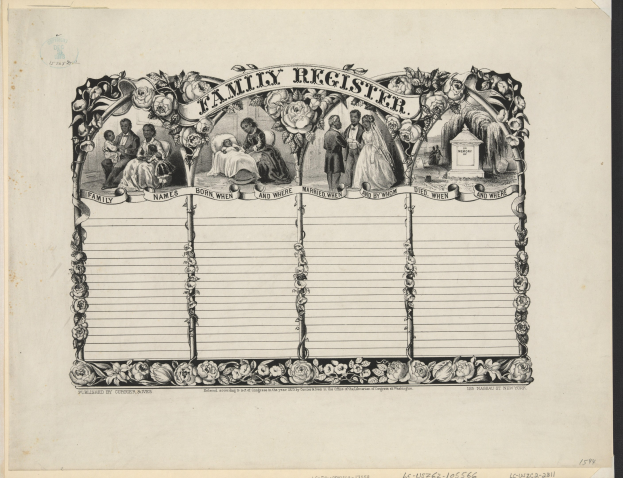 Schwarz-weißer Familienstammbaum mit Gruppenfoto in der Mitte und handgeschriebenem Text, der die Familienmitglieder beschreibt.