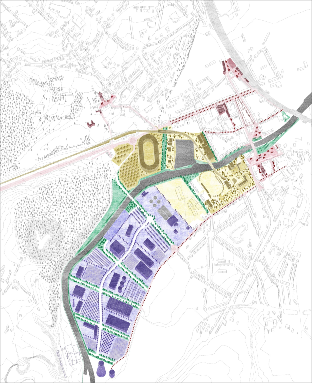 Vorgeschlagener Lageplan für die neue Stadt London, dargestellt als farbcodierte Stadtkarte mit erklärendem Text oben und unten.
