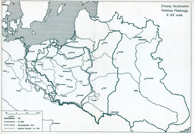 Ein Plakat mit einer detaillierten Karte Polens und dem Umfang des Polnischen Reiches, versehen mit Text und Zahlen.
