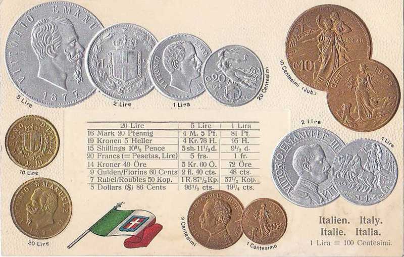 Eine Sammlung italienischer Münzen von 1877-1910, darunter mehrere 20-Lire-Münzen, in einer Reihe mit Text und Porträts angeordnet, zusammen mit zwei Flaggen, darunter die italienische Flagge.