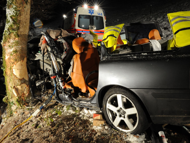 Auto auf der Seite einer verschneiten Straße mit einem Krankenwagen im Hintergrund, umgeben von Bäumen.