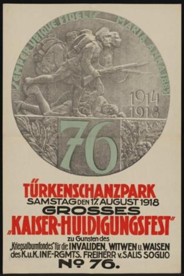 Plakat zum 70-jährigen Jubiläum des Kaiser-Huldigungsfestes in Berlin, Deutschland, mit einer Gruppe von Menschen in der Mitte und umgebenem Text und Zahlen, gerahmt in einem Fotoраhmen.