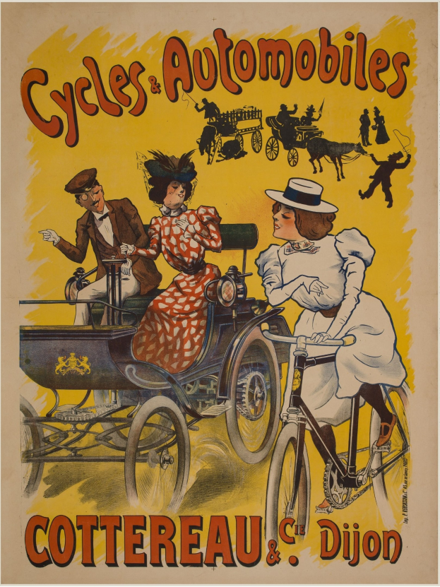 Plakat zur Werbung von Fahrrädern und Automobilen in Cottereau und Dijon, Frankreich, das Menschen auf Fahrrädern und eine Kutsche zeigt, mit der Aufschrift "Fahrräder und Automobile" oben.