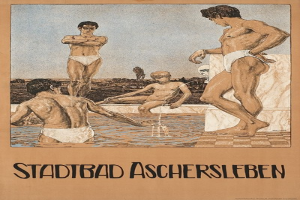 Plakat für ein Schwimmbad in Aschersleben, Deutschland, das Menschen im Wasser zeigt, mit einem sitzenden und Text, der Details zum Schwimmbad bereitstellt.