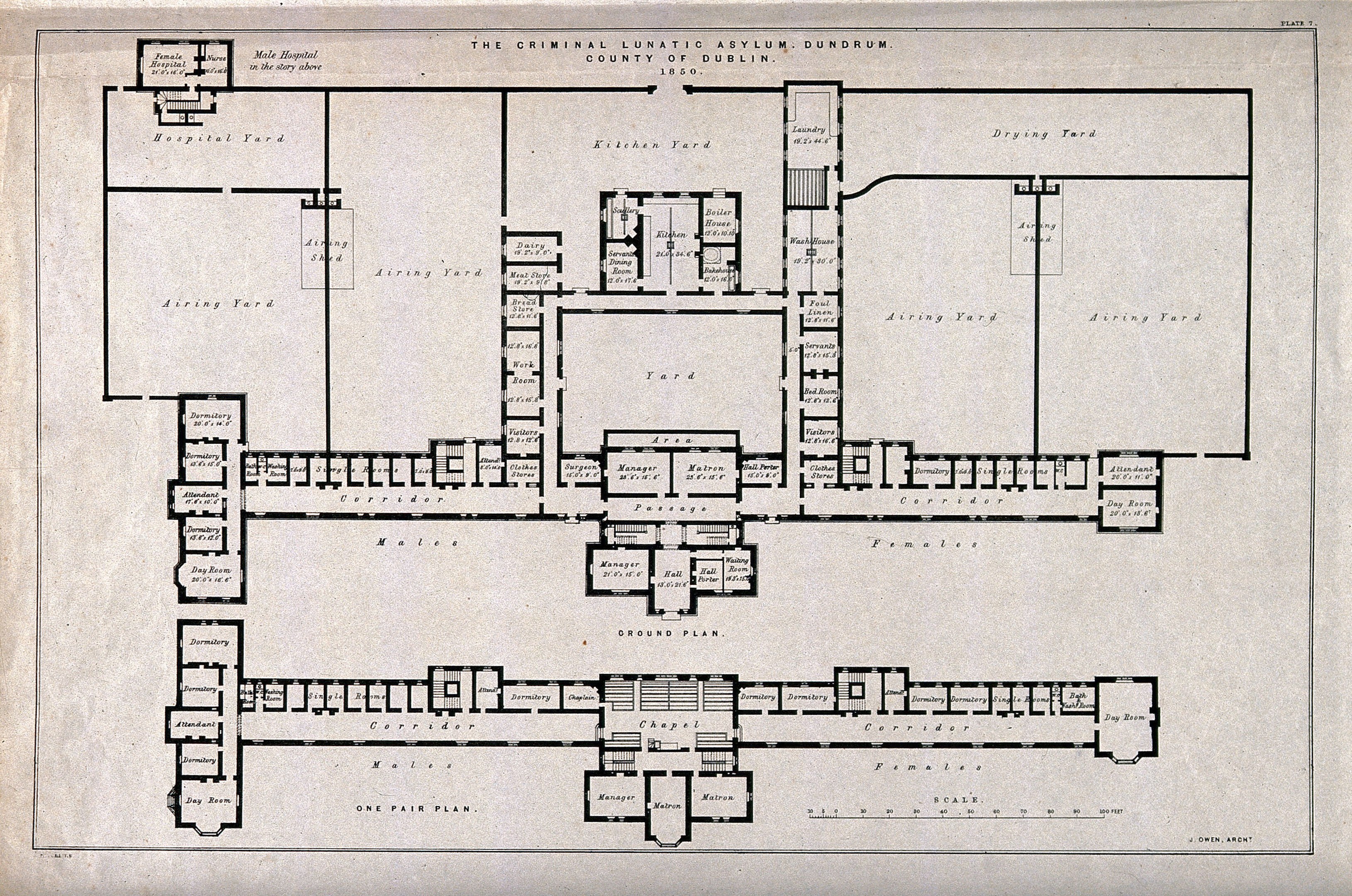 Schwarz-weißer Architekturplan eines Gebäudegeschosses mit zahlreichen beschrifteten Räumen, darunter ein als Irrenhaus für Kriminelle ausgewiesener Bereich, sowie handschriftliche Anmerkungen.