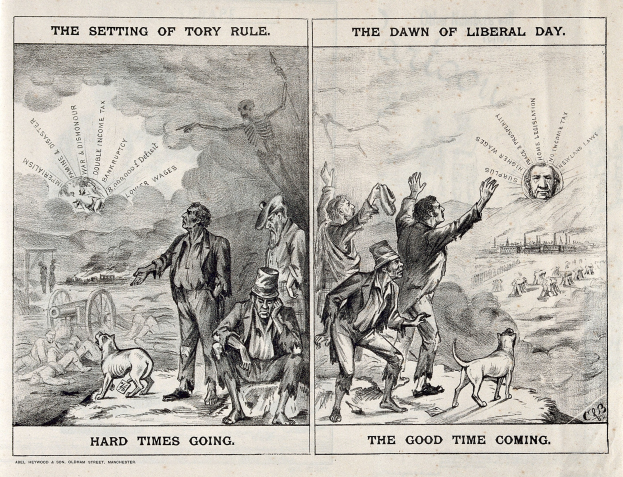 Schwarze und weiße Illustration, die eine Szene zeigt, die Tory-Regelung und den Beginn der Liberalismus darstellt, mit Menschen, Tieren und Gegenständen.