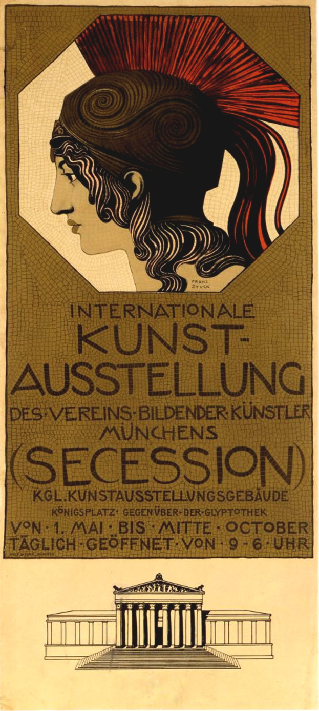 Plakat für die Internationale Kunstausstellung in München, Deutschland, mit einer zentralen Figur mit menschlichem Gesicht und Text mit Veranstaltungseinzelheiten.