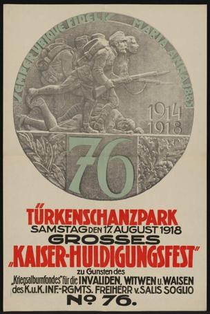 Plakat zum 70-jährigen Jubiläum des Kaiser-Huldigungsfests in Berlin, Deutschland, mit einer Gruppe von Menschen umgeben von Text und Zahlen in einem Rahmen.