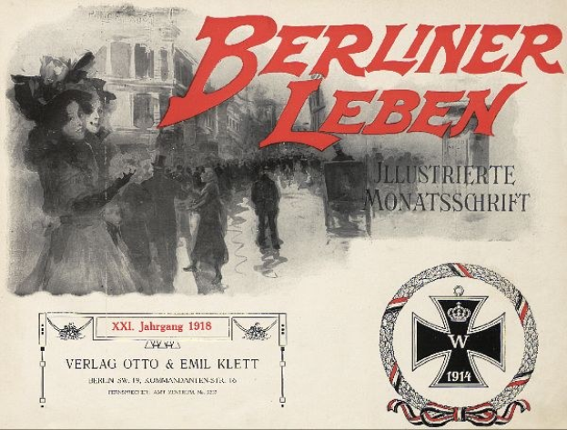 Altes Buchcover mit dem Titel 'Berliner Leben', das eine Gruppe von Menschen in einer feierlichen Umgebung und ein deutsches militärisches Logo zeigt.