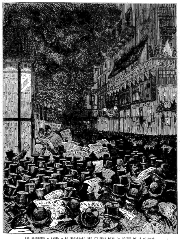 Schwarz-weiß-Illustration einer Menge auf einer Pariser Straße am Abend des 16. Oktober 1885 mit einem Gebäude auf der rechten Seite und einem Baum im Hintergrund.