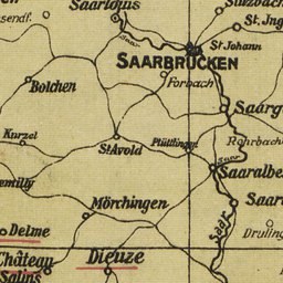 Alte Karte von Saarbrücken, Deutschland, mit klassischer Typografie, die detaillierte Straßen, Gebäude und Sehenswürdigkeiten zeigt.
