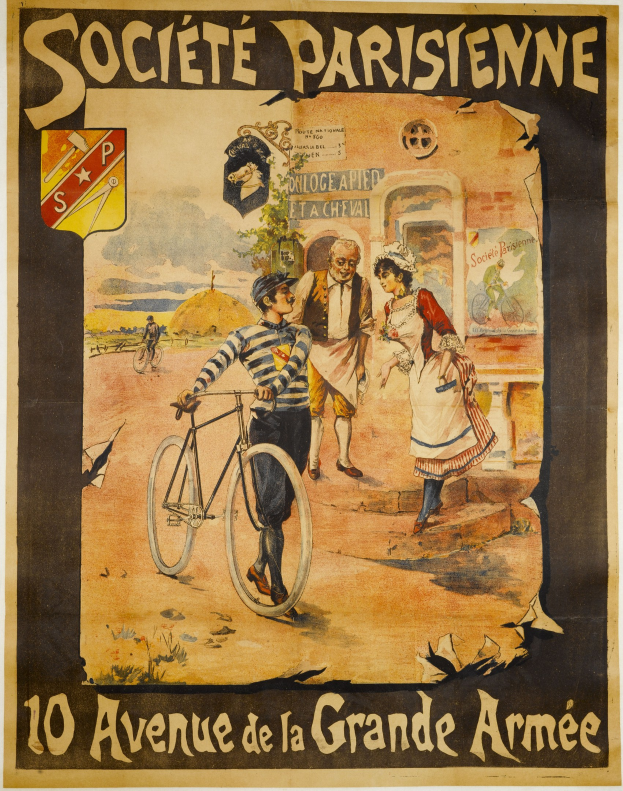 Plakatankündigung eines Radrennens in Paris, Frankreich, mit einer Gruppe von Menschen, von denen einer ein Fahrrad hält und ein Gebäude im Hintergrund zu sehen ist, mit Ereignisdetails im Text.