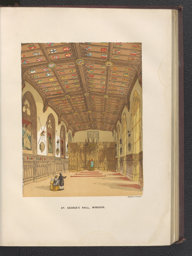 Offenes Buch mit einer detaillierten Illustration des Inneren von St. Georgs Halle in Windsor, England, mit sichtbaren Menschen, Wänden und Decke, das auf einer schwarzen Oberfläche liegt.