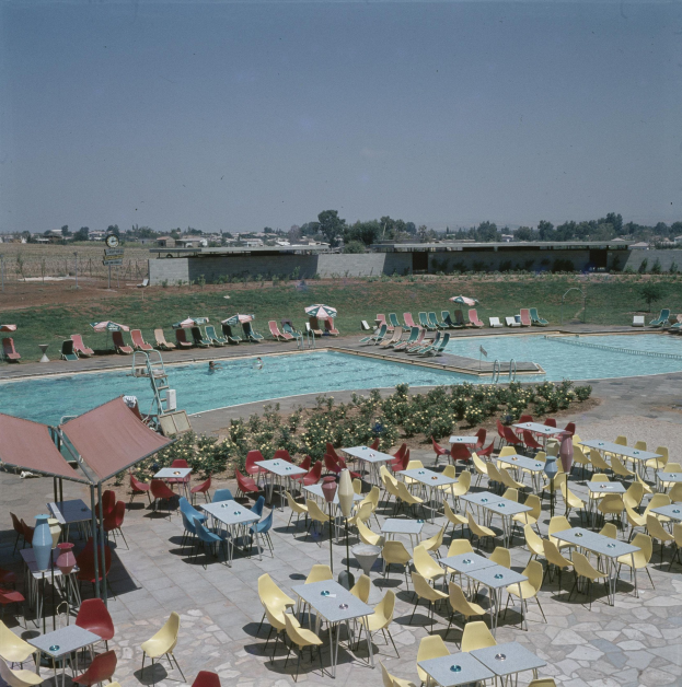 Ein Freibad umgeben von Tischen, Stühlen, Blumenpflanzen, Sonnenschirmen, Pfosten, einem Zaun, einer Wand, einer Baumgruppe, einigen Gebäuden unter einem bewölkten Himmel.