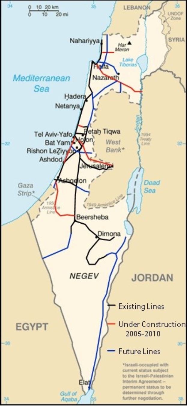 Detailierte Karte von Israel und Palästina mit Text und Linien, die die Konfliktzonen veranschaulichen, einschließlich Städte, Flüsse und geografische Merkmale.