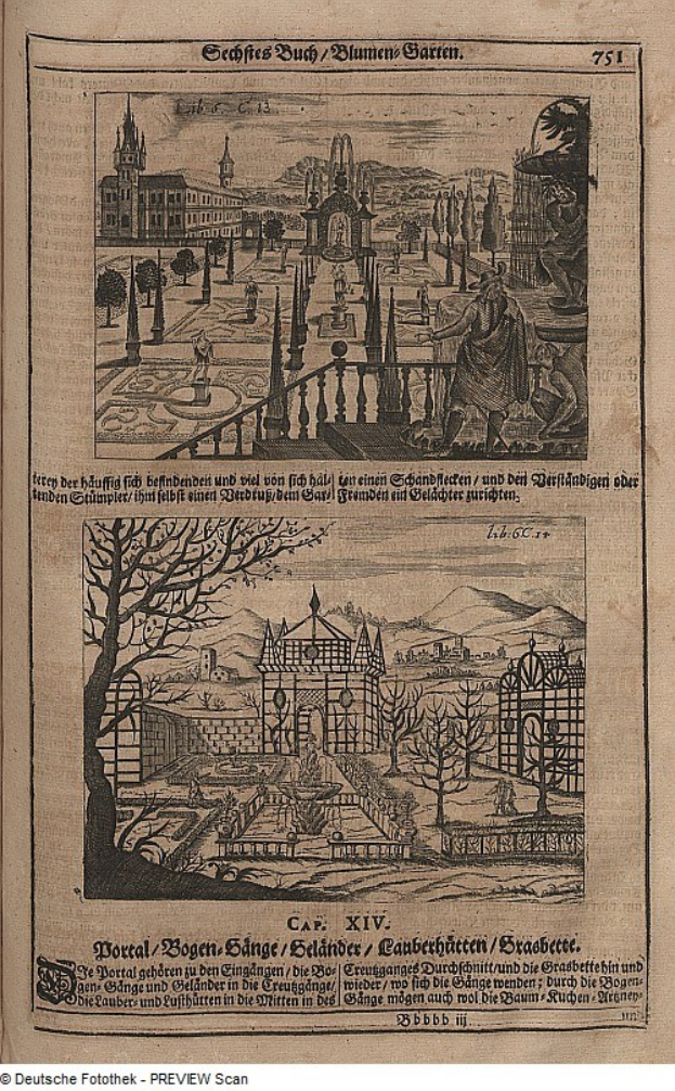 Ein aufgeschlagenes Buch mit einer detaillierten Zeichnung einer Stadtlandschaft auf seinen Seiten, begleitet von Bildern und Text.