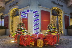 Ein festlicher Weihnachts-Schmuck vor einem Gebäude mit zwei geschmückten Weihnachtsbäumen, Lichtern und Geschenkboxen auf dem Boden sowie Topfpflanzen.
